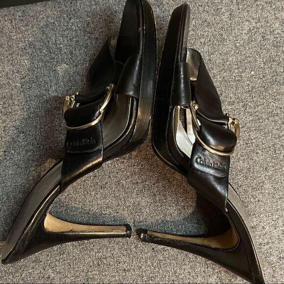 Y2K Calvin Klein Black Leather Large Silver Buckle Slide Stiletto Heel Sandal 9 - Picture 7 of 10